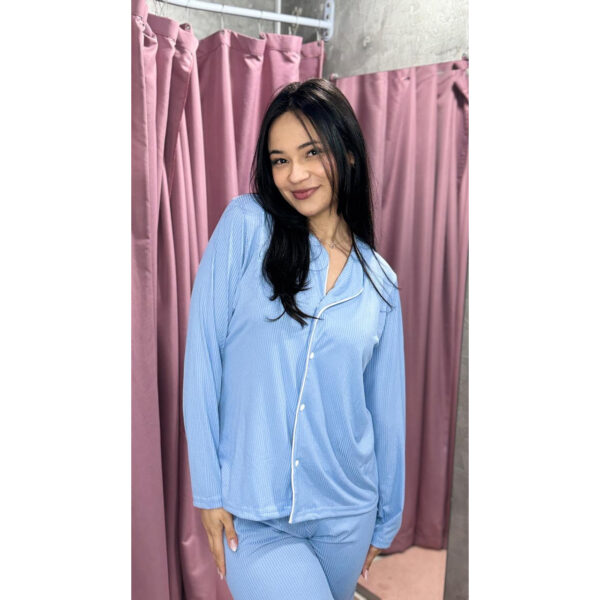 Pijama Manga Longa Americano Canelado Azul Bebê