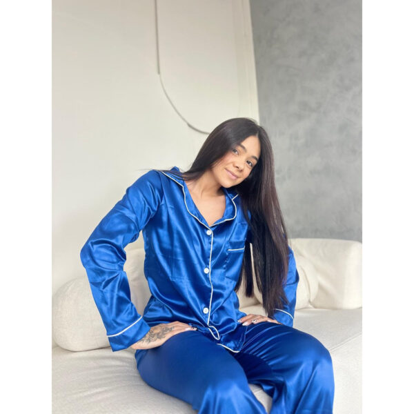 Pijama Manga Longa Cetim Azul