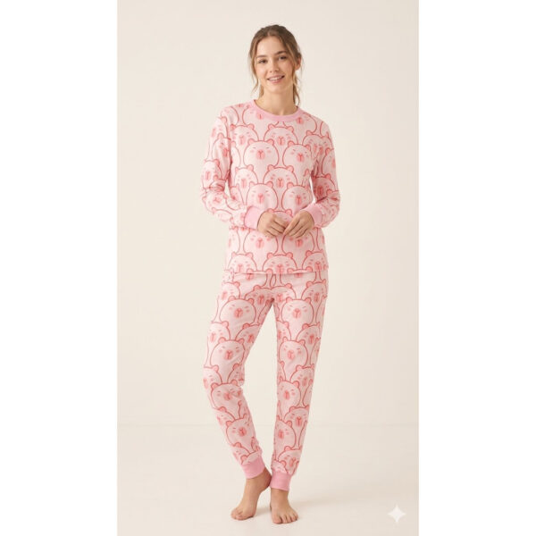 Pijama Manga Longa Capivara Rosa